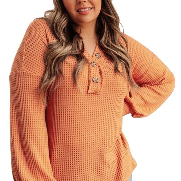 Plus size orange waffle knit long sleeve top v neck button - Picture 3 of 6
